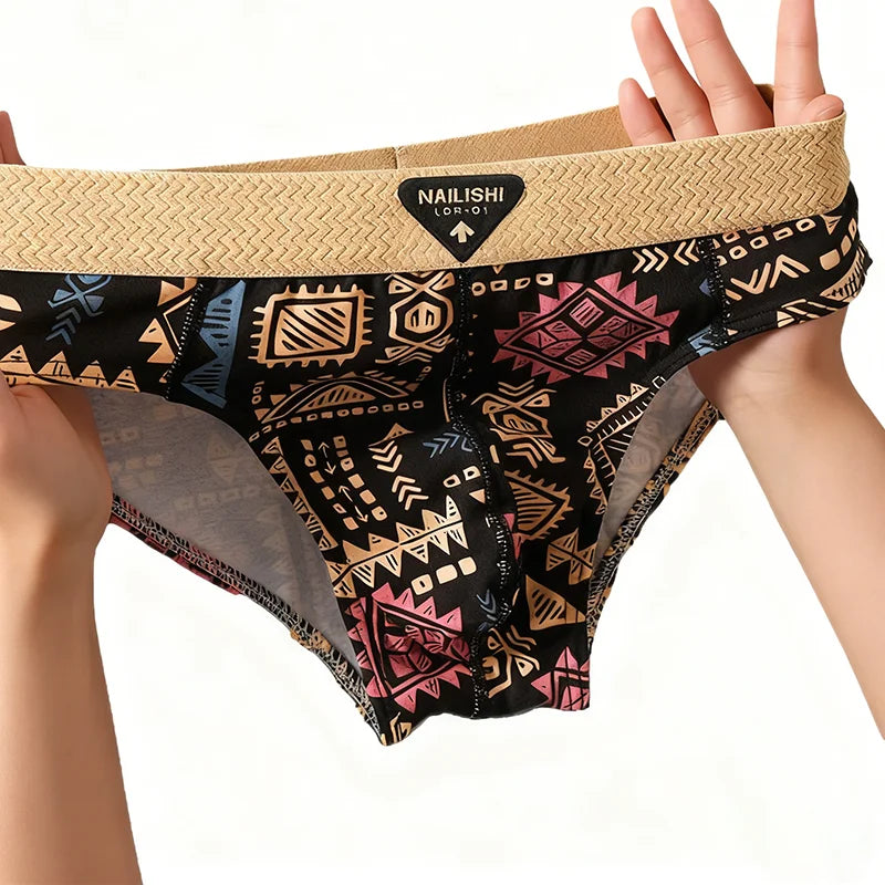 3Pcs Men's Cotton Briefs Retro Ethnic Style Print Underwear Soft Breathable Mid-Rise Briefs Comfortable Stretch Daily Panties