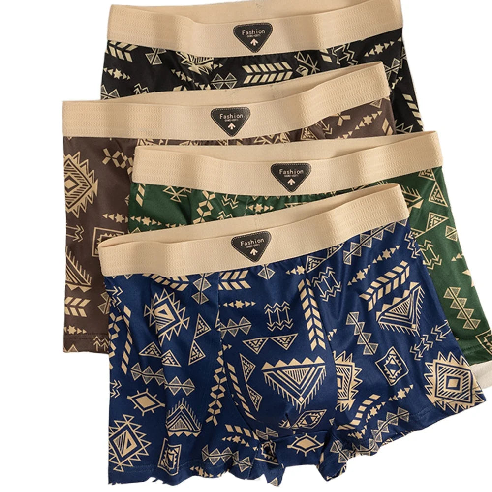 4Pcs Boxer Shorts Men's Underwear Ice Silk Underpants Sexy Panties Printed Boyshort Breathable Elastic Lingerie Plus Size L-4XL